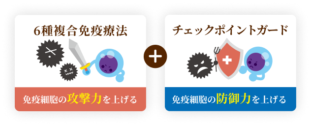 6種複合免疫療法:免疫細胞の攻撃力を上げる,チェックポイントガード:免疫細胞の防御力を上げる